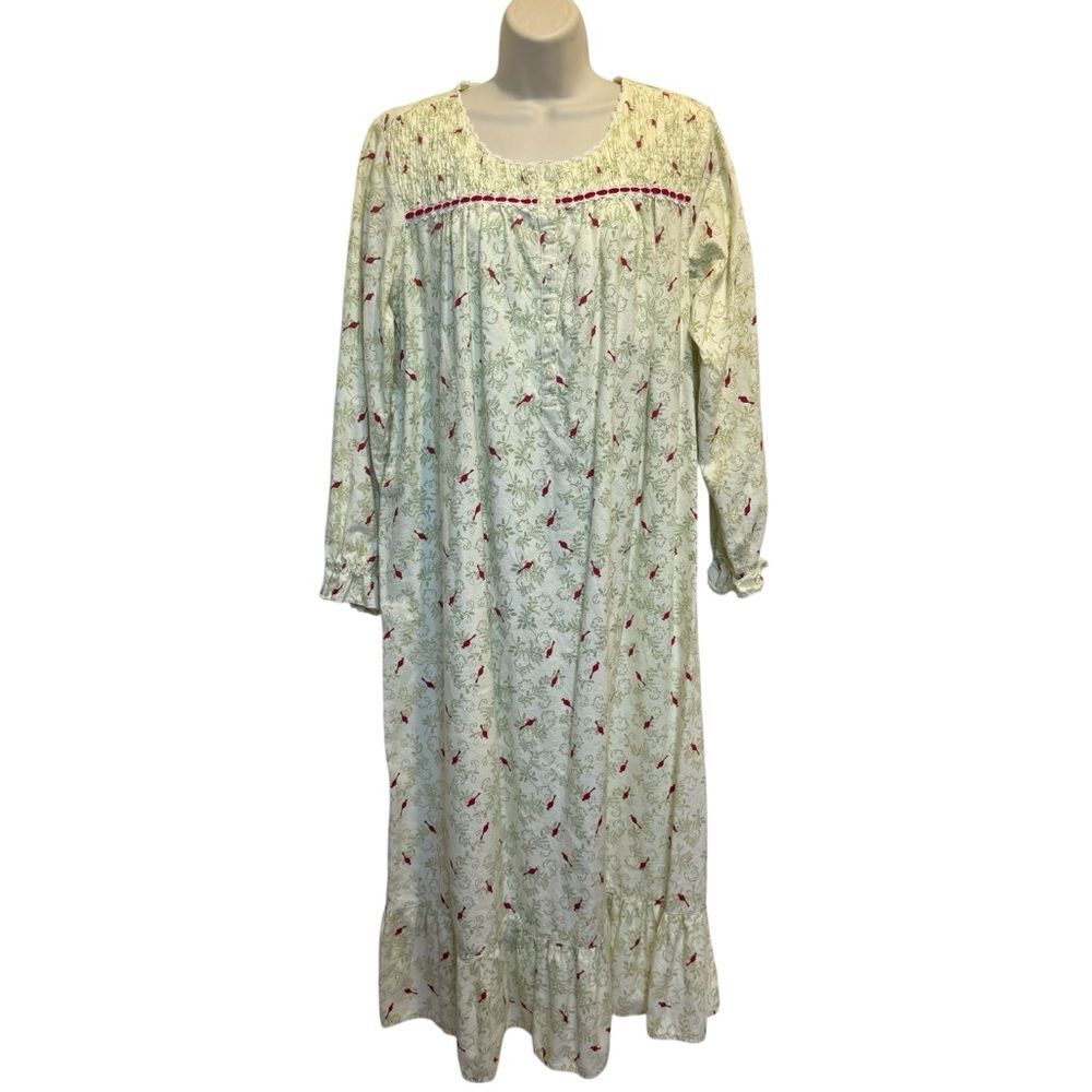 Laura Scott Flannel Nightgown Smocked Velvet Trim Floral Cardinal Print Sz L